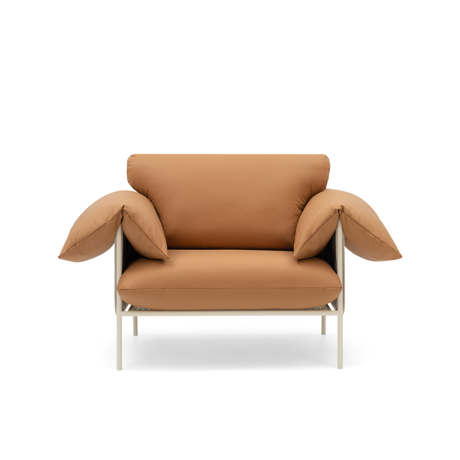 ELLISON STUDIOS. Alva Armchair in leather simpson tan swatch.